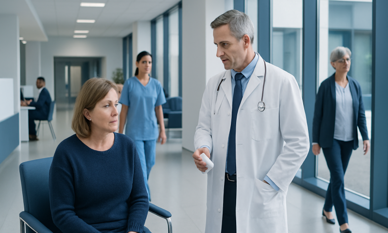 Doctor consulting a patient in a hospital corridor with medical staff in background.
