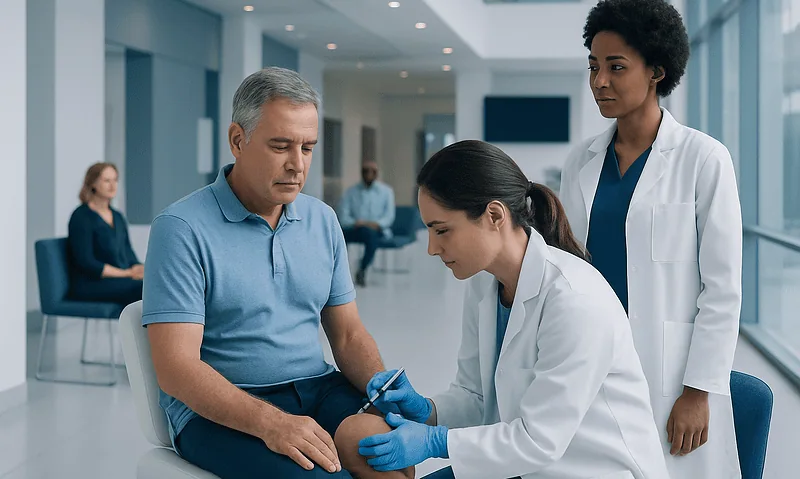 Doctor performing arthrocentesis on patient's knee in a modern hospital.