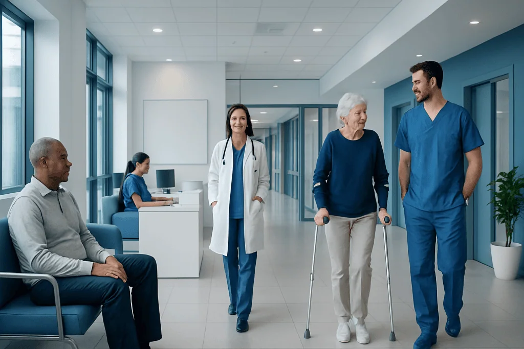 Arthrodesis: What Patients Need to Know 1 Patients and medical staff in a modern hospital corridor.