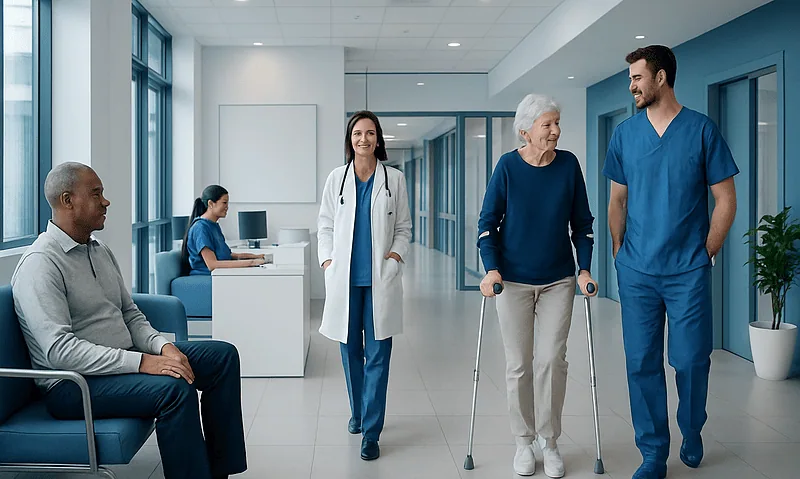 Patients and medical staff in a modern hospital corridor.