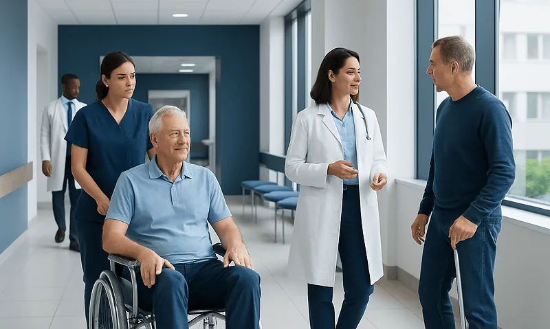 Hospital staff consulting with a patient in a wheelchair in a modern corridor.