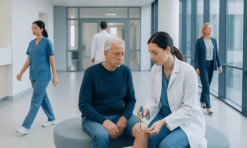 Doctor examining elderly patient's knee in hospital corridor.