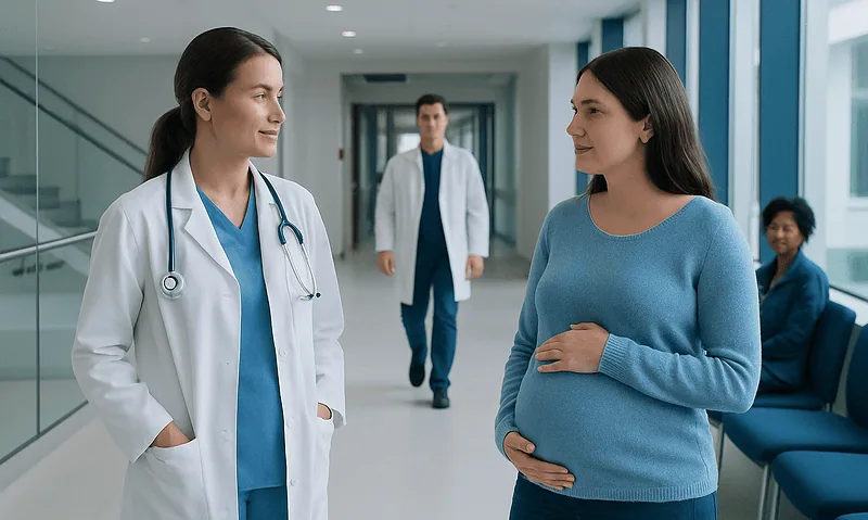 Pregnant woman consulting with a doctor in a hospital corridor.