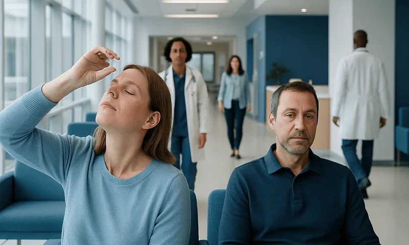 Patient experiencing eye discomfort in a hospital corridor.