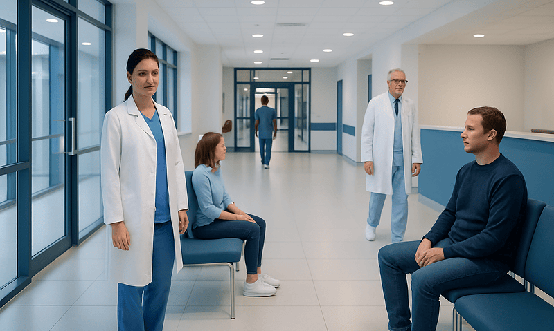 Hospital waiting area with medical staff and patients in a modern healthcare facility.