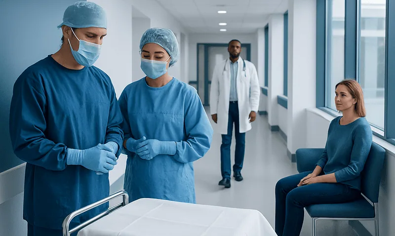 Medical team preparing for surgery in hospital corridor.