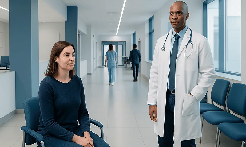 Doctor consulting a patient in a modern hospital corridor.