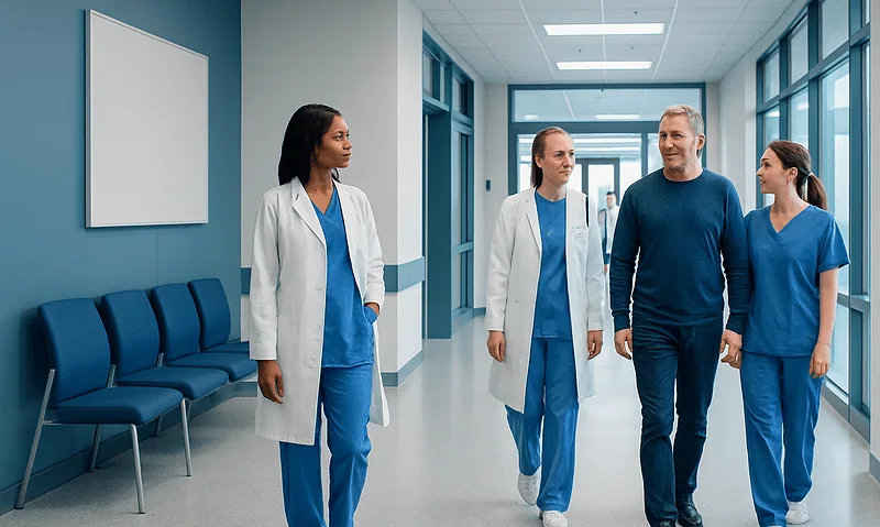 Healthcare professionals walking in hospital corridor with patient.
