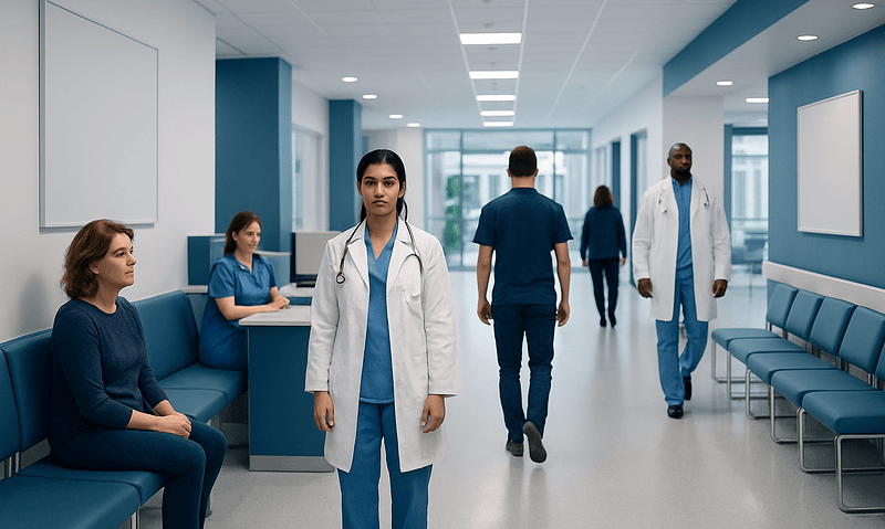 Healthcare professionals and patients in a modern hospital corridor.