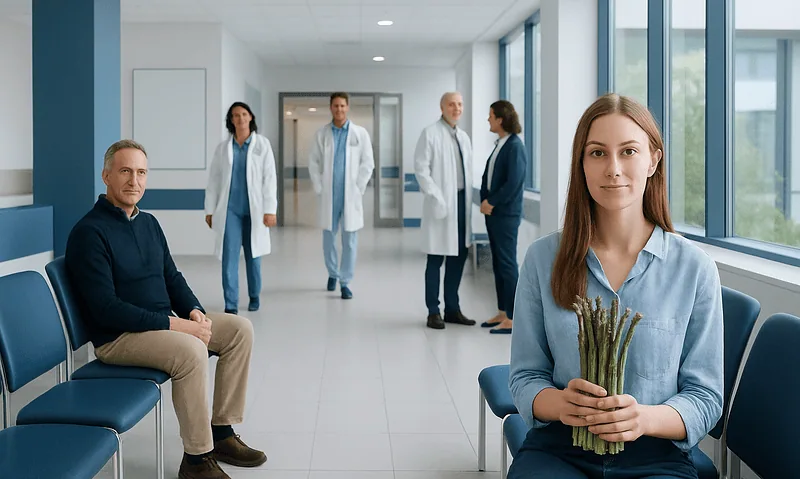 Young woman holding asparagus in hospital corridor with medical staff in background.
