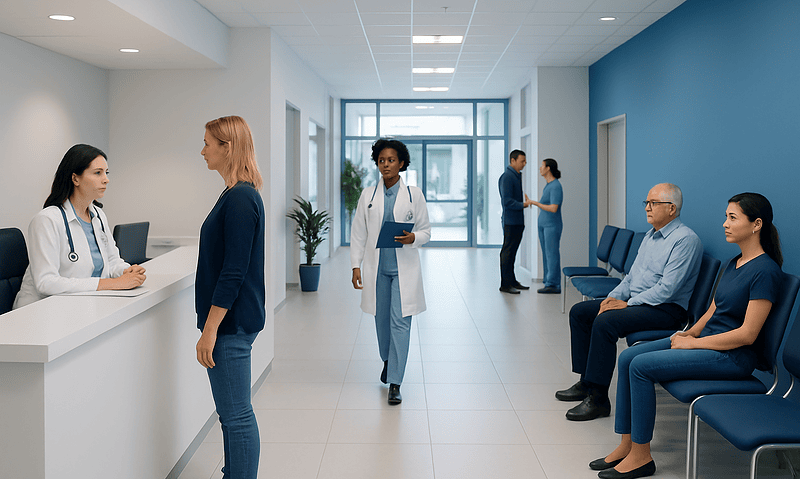 Modern hospital reception area with staff and patients.