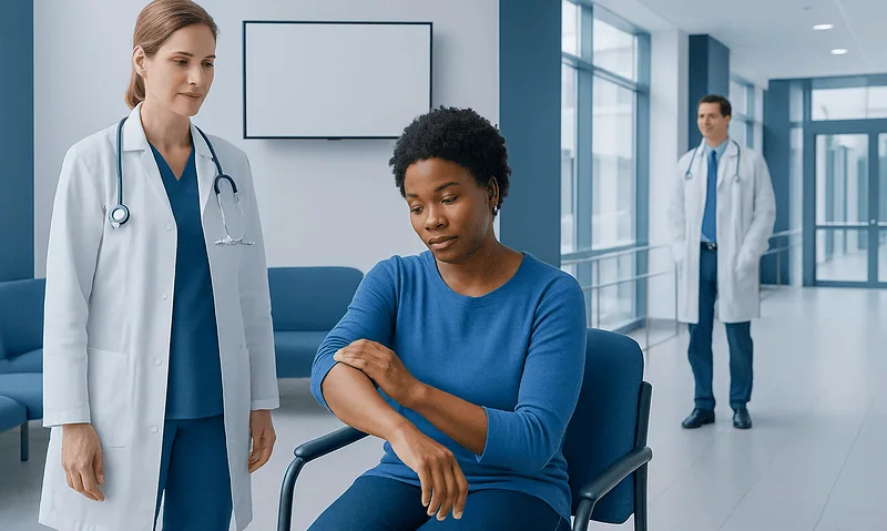 Patient in hospital gown with medical staff in modern hospital corridor.