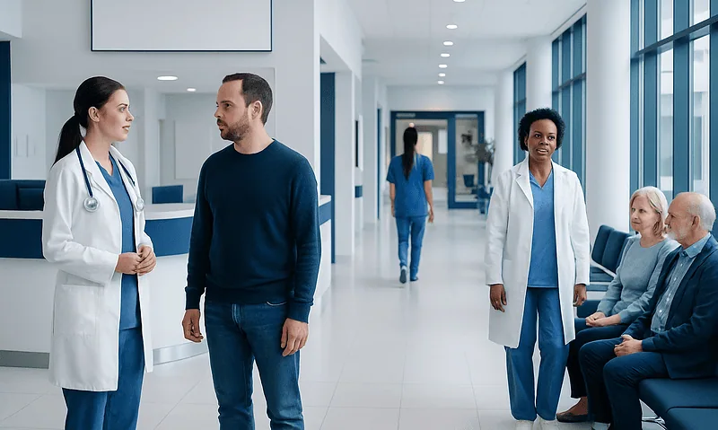 Healthcare professionals and patients in a modern hospital corridor.