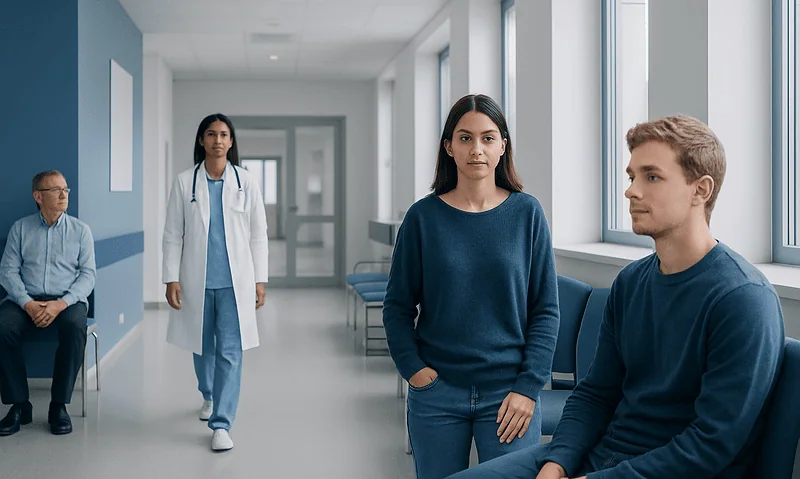 Medical professionals and patients in a hospital corridor at Acibadem Hospitals Group.