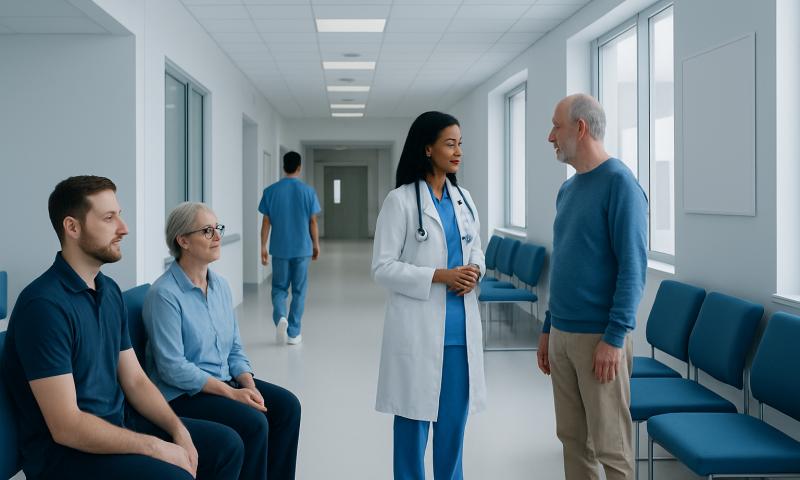 Healthcare professionals consulting with a patient in a hospital corridor.
