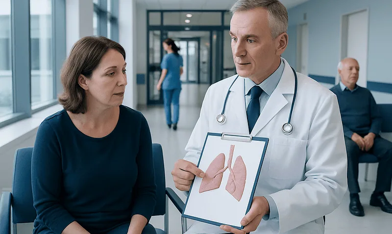Doctor explaining lung health to a patient in a hospital corridor.