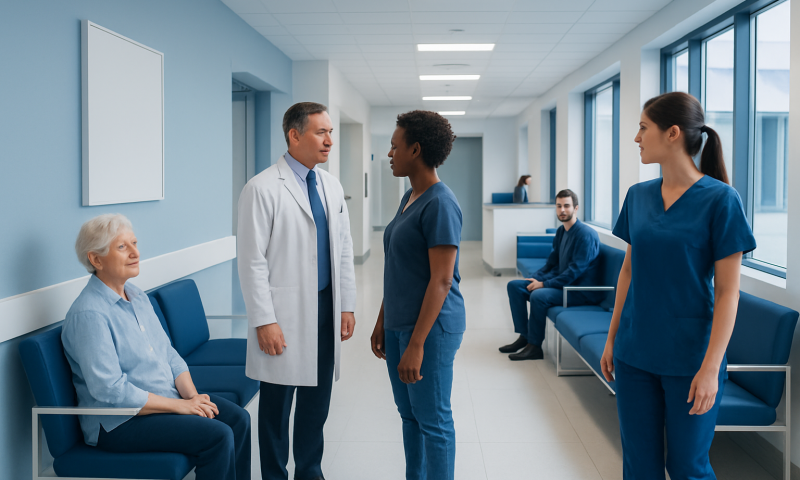 Medical consultation in hospital corridor with healthcare professionals and patient.