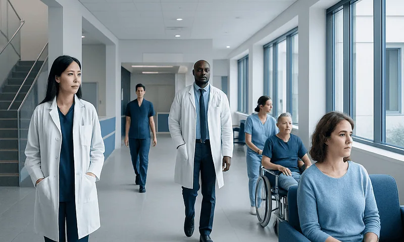 Medical team walking in hospital corridor with patients in wheelchairs.
