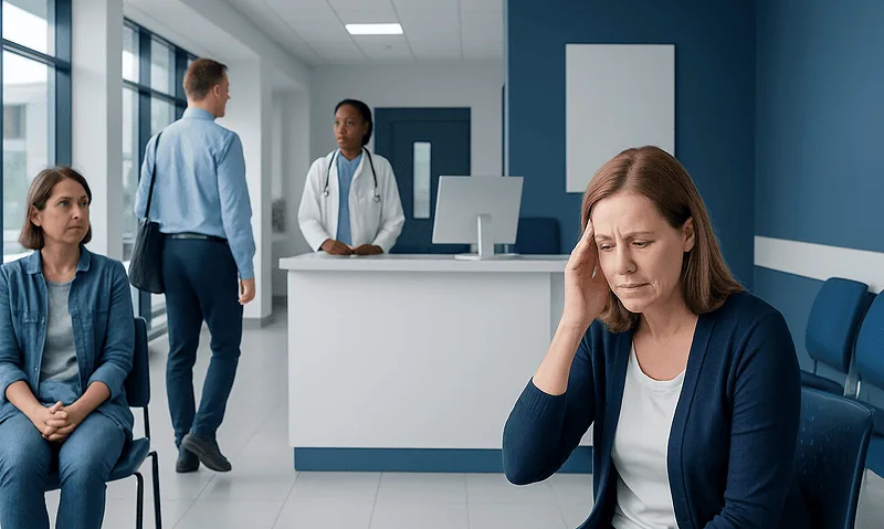 Woman experiencing headache in a hospital waiting area with medical staff nearby.