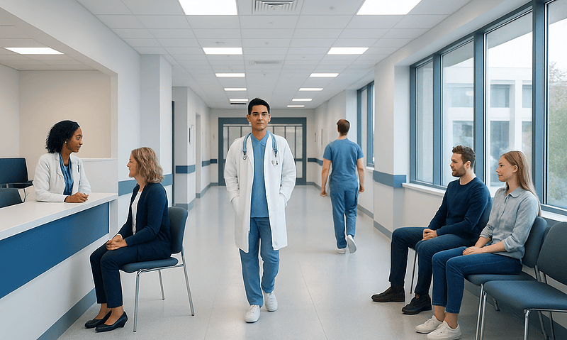 Healthcare professionals and patients in a modern hospital corridor.