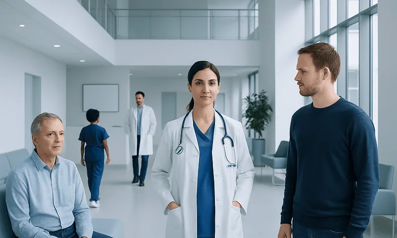 Medical team consulting in a modern hospital lobby.