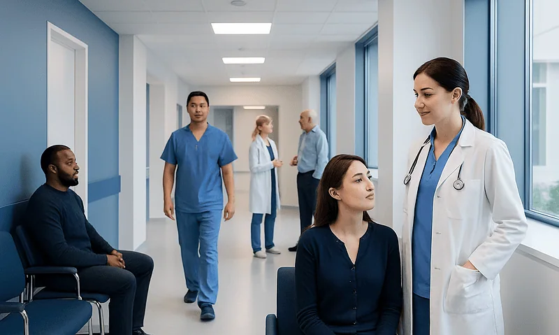 Medical professionals and patients in a hospital corridor.