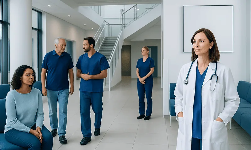 Healthcare professionals and patient in a modern hospital lobby.