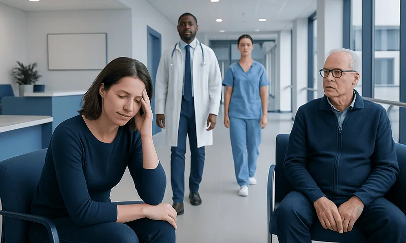 Patient experiencing fatigue in a hospital waiting area with medical staff nearby.