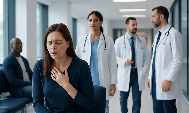 Woman experiencing chest pain in a hospital waiting area with doctors nearby.