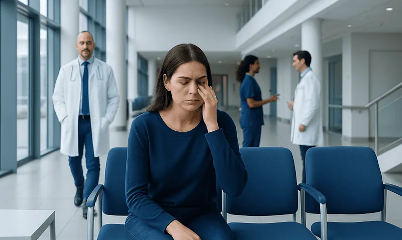 Woman experiencing eye discomfort in a hospital waiting area.