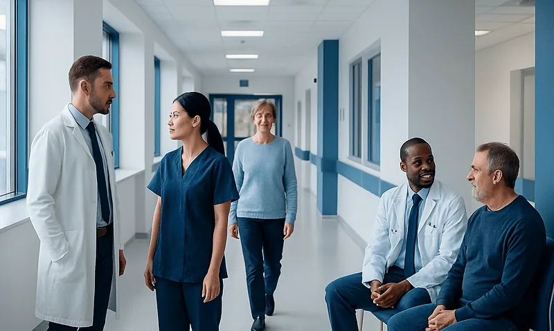 Medical team and patients in hospital corridor at Acibadem Hospitals Group.
