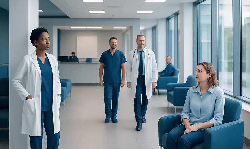Medical professionals and patient in a modern hospital waiting area.