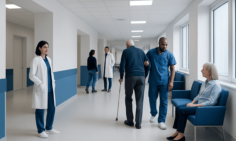 Healthcare professionals and patient in a modern hospital corridor.