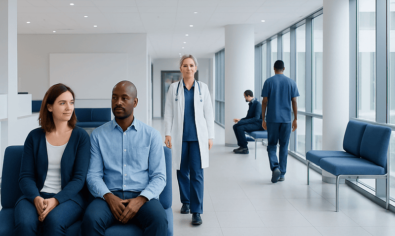 Patients waiting in a modern hospital corridor with medical staff present.
