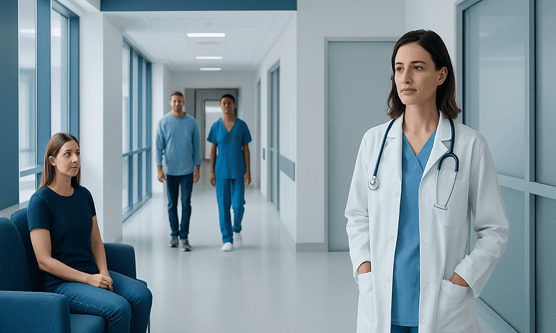 Healthcare professionals and patient in a modern hospital corridor.