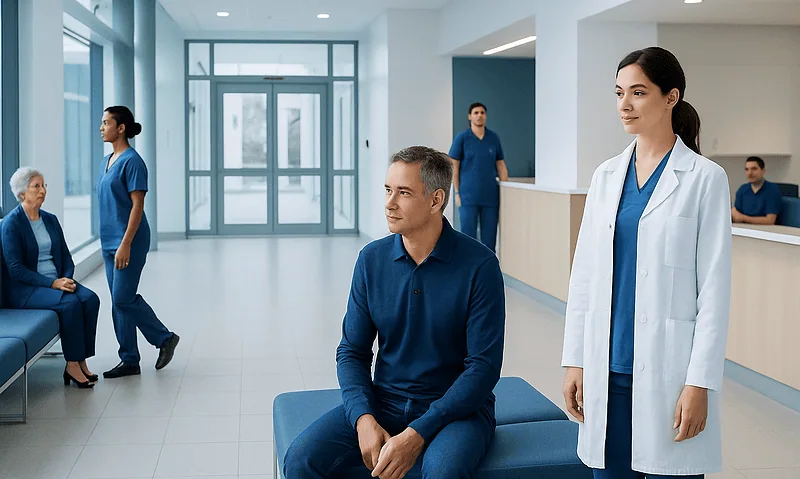 Hospital waiting area with patients and medical staff in blue uniforms.