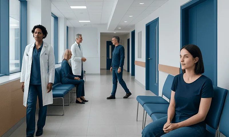 Patients and medical staff in a modern hospital corridor.