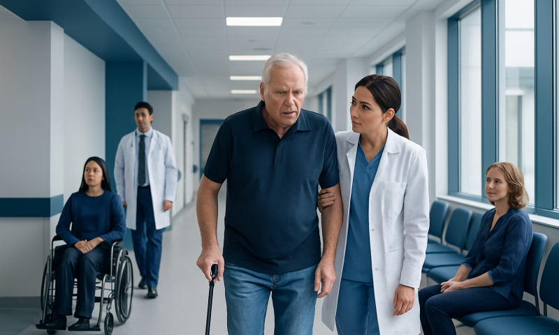 Elderly man with cane walking in hospital corridor with medical staff and patients.
