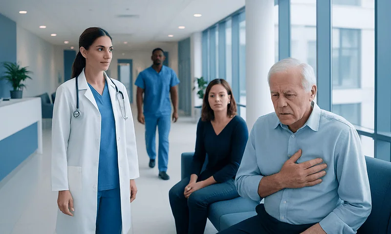 Patient experiencing chest pain with medical staff in hospital corridor.