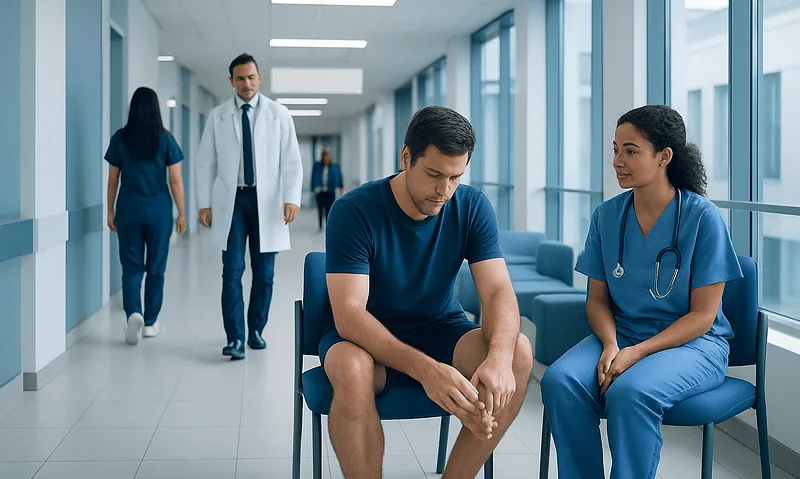 Patient consulting with nurse in hospital corridor.