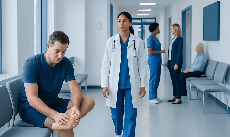 Patient waiting in hospital corridor with medical staff nearby.