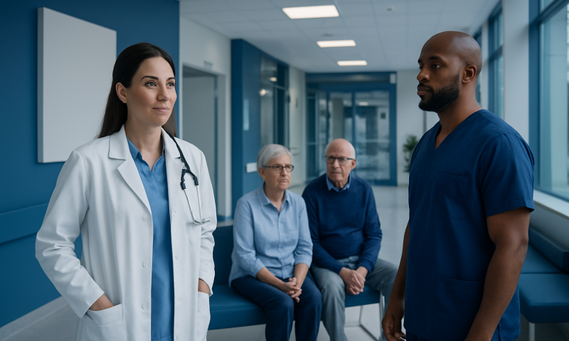 Medical professionals and patients in a hospital corridor.