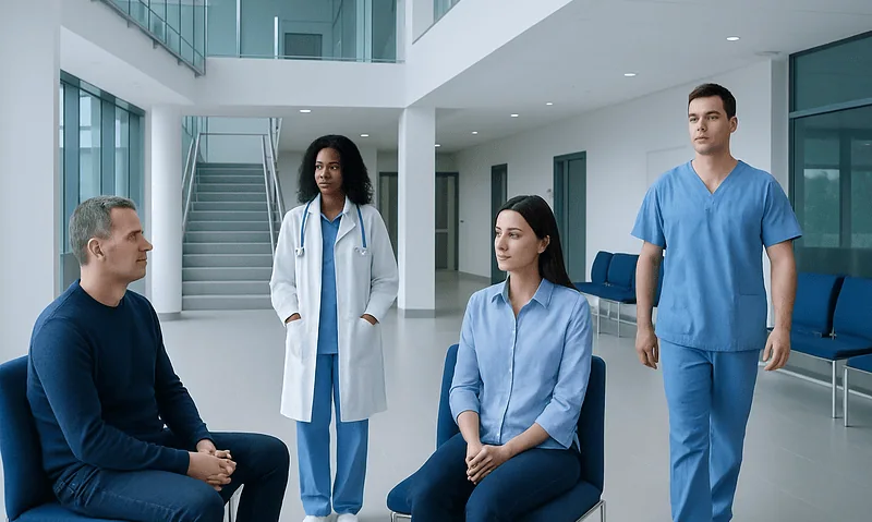 Medical team conducting a patient consultation in a modern hospital lobby.