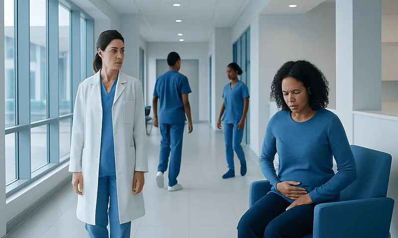 Patient experiencing uterine atony in hospital corridor with medical staff nearby.