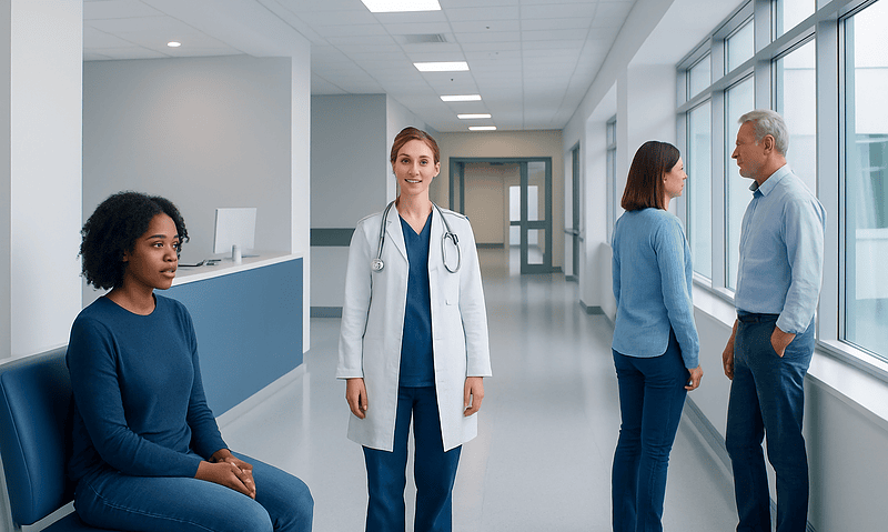 Healthcare professionals and patient in a modern hospital corridor.