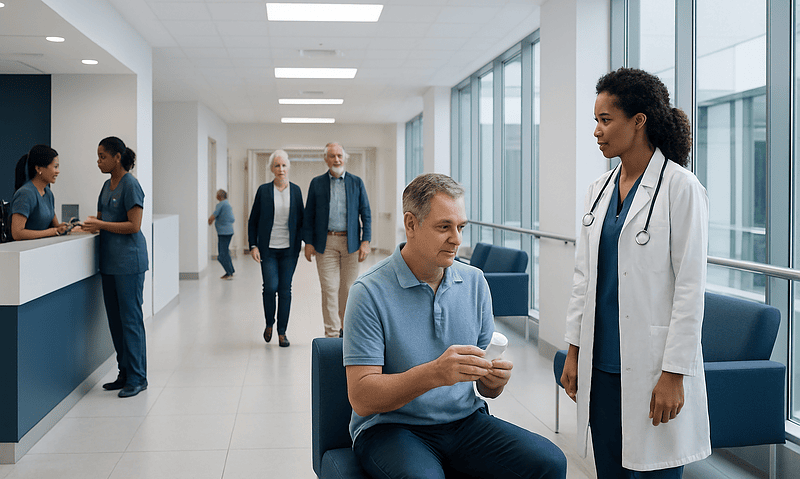 Patient consulting with doctor in hospital corridor at Acibadem Hospitals Group.
