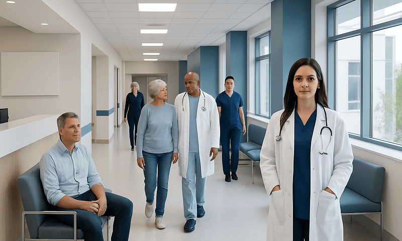 Medical professionals and patient in hospital corridor at Acibadem Hospitals Group.