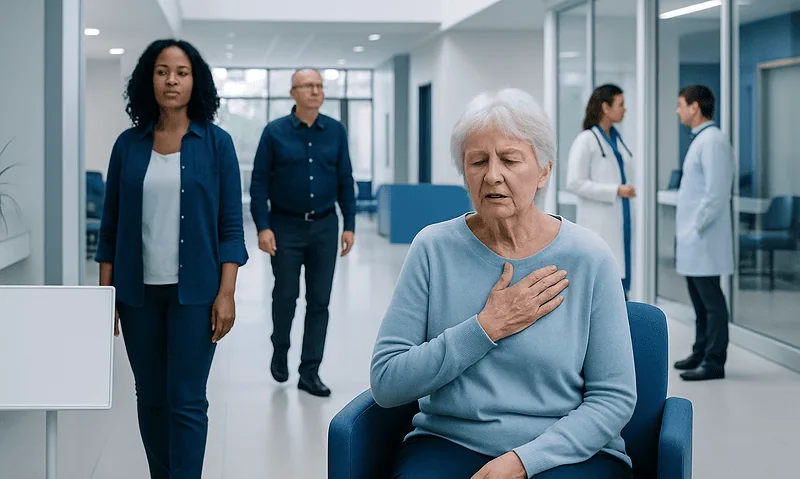 Elderly woman experiencing chest pain in hospital corridor with medical staff nearby.