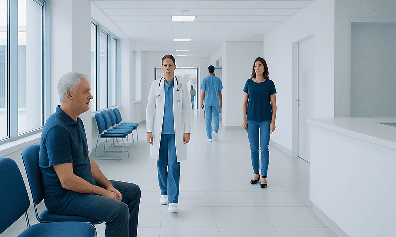 Medical professionals and patient in a hospital corridor at Acibadem Hospitals Group.