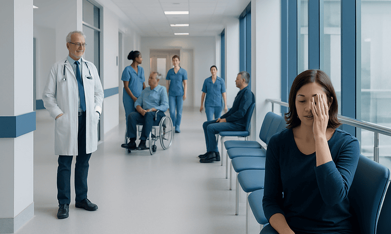 Patient experiencing headache in hospital corridor with medical staff nearby.